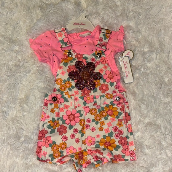 Little Lass Other - Little Lass 2pc Neon Pink & Orange Sequin Flower Denim Short Overall 12 Months